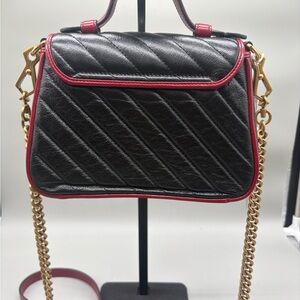 Gucci GG Marmont Mini Top Handle Bag Black Matelasse Leather Red Trim